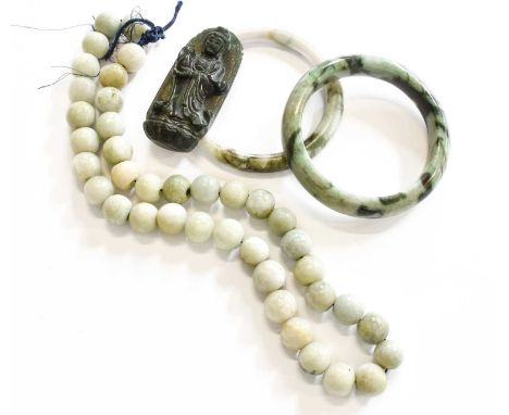 A Small Quantity of Jade/Jade Type Jewellery, including two bangles and a necklace; together with A Nephrite Carving 