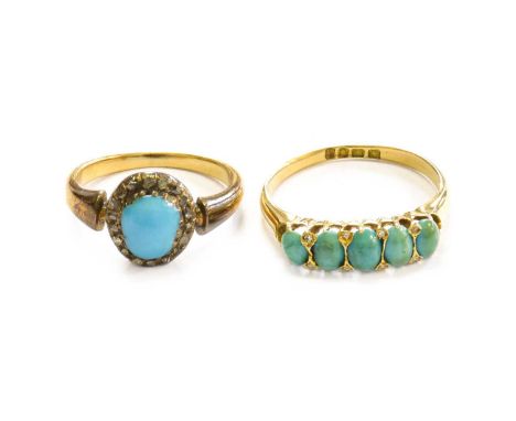 An 18 Carat Gold Turquoise Five Stone Ring, with rose cut diamond accents, finger size Q1/2; and A Blue Glass and Diamond Clu