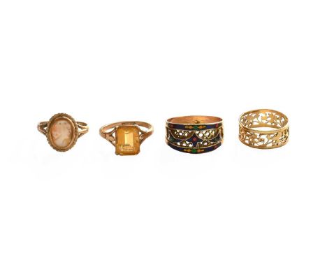 A 9 Carat Gold Cameo Ring, finger size J; A Citrine Ring, stamped '9CT GOLD', finger size K; An Enamel Ring, stamped '14', fi