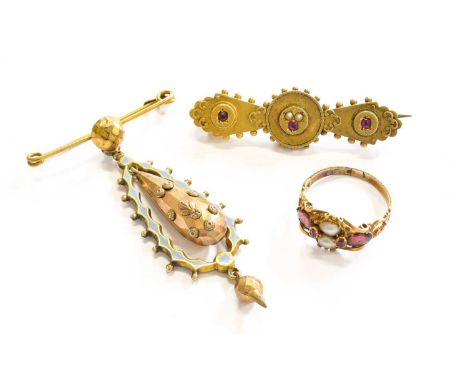 A Ruby and Split Pearl Brooch, stamped '15CT', length 4.5cm; An Enamel Drop Brooch, stamped '9CT', length 6.2cm; and A Garnet