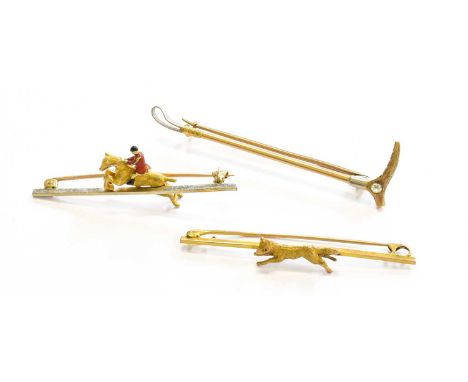 Three Hunting Related Bar Brooches, comprising of a running fox example, a huntsman example; and a diamond crop exampleHorse 