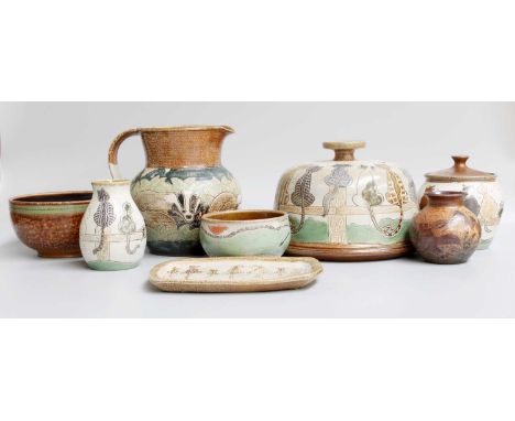 Michael &amp; Joanna Mosse, Llanbrynmair Pottery, salt glazed stonewares, including, a jug decorated with badgers, a small on