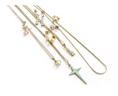 A Quantity of Jewellery, including a 9 carat gold fancy link chain, length 46cm; a 9 carat gold cultured pearl pendant on cha