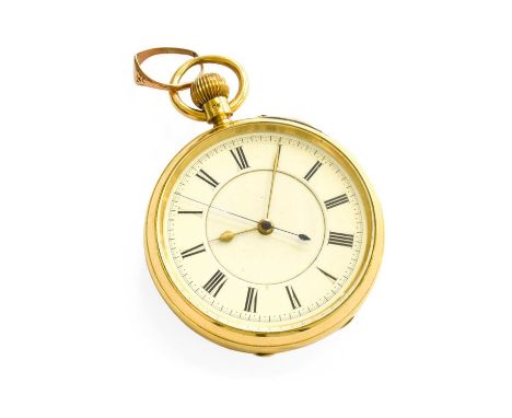 An 18 Carat Gold Open Faced Chronograph Pocket Watch, 1902, manual wound lever movement, enamel dial with Roman numerals, cas