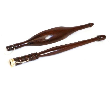 19th Century Mahogany Knitting Stick with turned decoration, acorn knop and bone mount, 18.5cm,Another in Mahogany modelled a