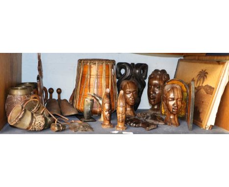 A Group of North African and other Tribal Wooden and Horn Carvings (one shelf) 