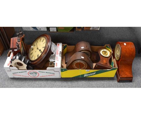 A Selection of Clocks, consisting of a mahogany wall timepiece, signed J.J. Dent, Brigg, a balloon shaped mantel clock, a bra