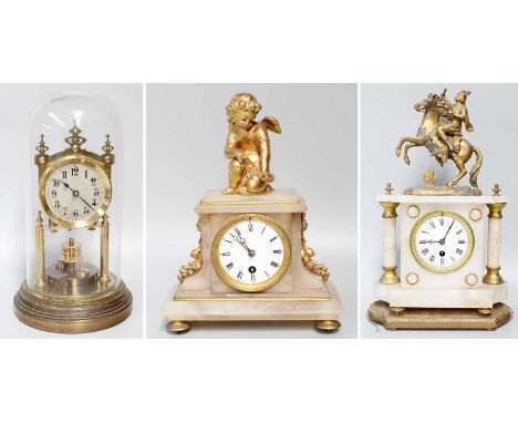 An Alabaster and Gilt Metal Mounted Mantel Timepiece, circa 1890, surmounted by a figure riding a horse, another alabaster ma