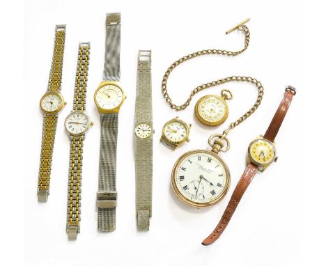 A Gold Plated Pocket Watch with Attached Gold Plated Chain, four lady's wristwatches signed Longines, Tissot, Accurist, Rotar