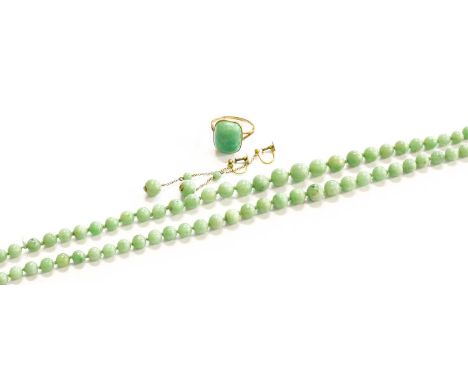 A Jade Two Row Necklace, length 42.8cm (a.f., one strand detached); A Pair of Jade Drop Earrings, stamped '9CT', with screw f