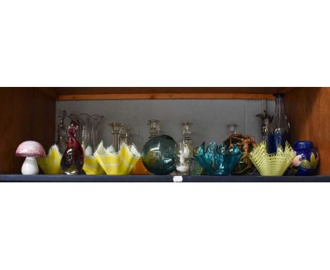 A Small Group of Decorative Glass Including hankerchief vases, witches balls, decanters, claret jug, candlestick, paperweight
