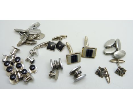 Silver tone and onyx shirt studs and vintage silver tone cufflinks 