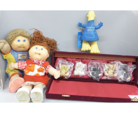Five A Century of Steiff model Teddy bears, two Cabbage patch dolls and an Olympics 2004 mascot