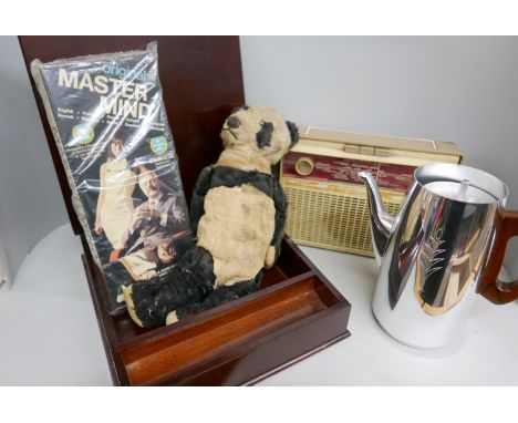 A collection of brassware, board games, vintage buttons, teddy bear, Phillips radio, etc. **PLEASE NOTE THIS LOT IS NOT ELIGI