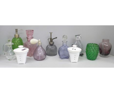 Five scent bottles, two glass vases including Caithness, two ceramic pots, a glass cat and an oil jug