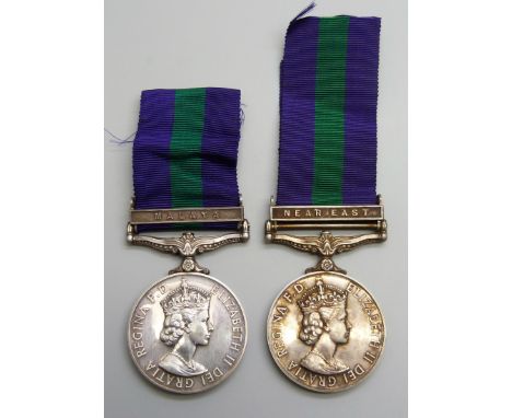 Two General Service Medals, 23439587 Pte. D. Gough, Foresters and 22574877 Dvr. G. Coates, R. Sigs