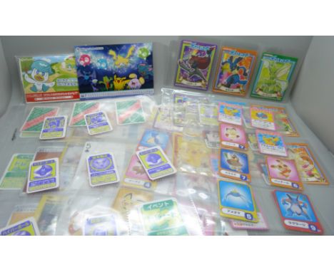 A collection of Pokémon playing cards, vintage, Pokémon board game cards, Pokémon stickers, Japanese cards, etc.