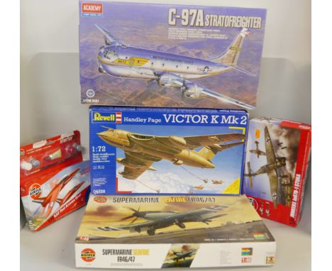 A collection of model aircraft kits, Airfix Junkers JU87B-1, RAF Red Arrows Gnat, Supermarine Seafire FR46/47, Academy Strato