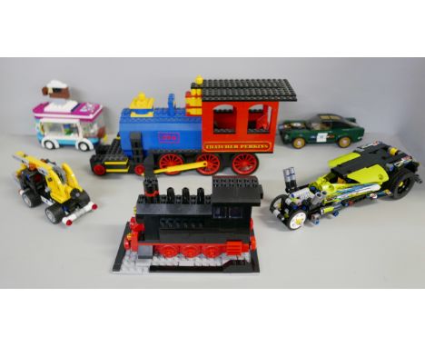 Two boxes of assorted constructed and loose Lego including a vintage car model, a winged fighter and a train, Hedwig owl, als