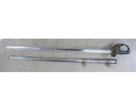 A 19th Century 1834 pattern 1st Life Guards sword with scabbard, detail on blade worn, 4cm spit on the scabbard, blade 94cm