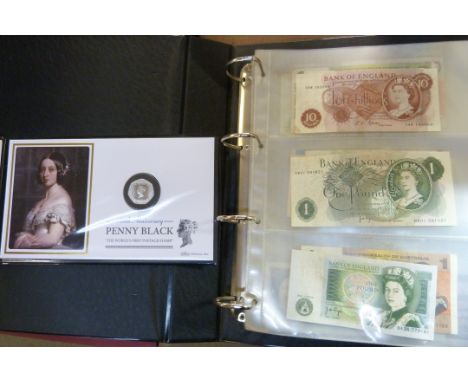 A collection of British and worldwide banknotes and a Penny black commemorative 50p coin 