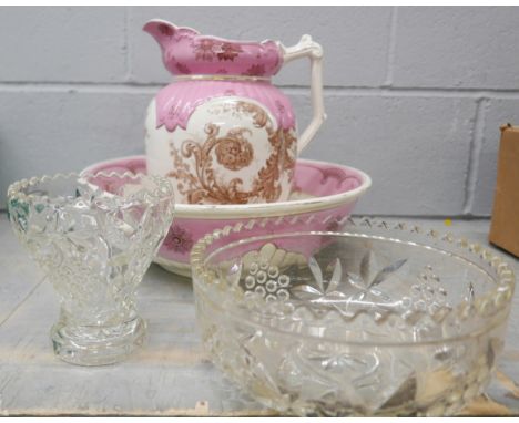 A collection of porcelain and glassware including six jelly moulds, Old Foley bon bon dish, Chelson china, a Longton mug, a D