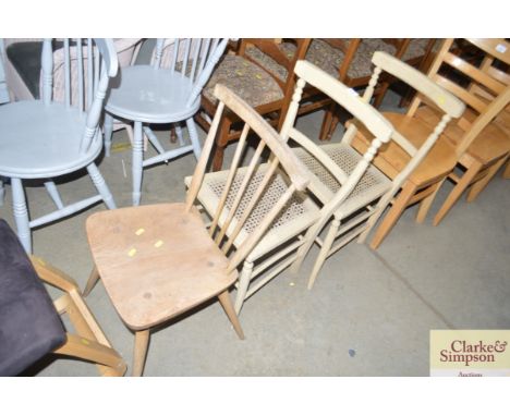 A stick back chair together with a pair of cane seated bar back chairs 