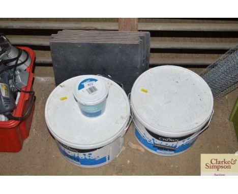 Two tubs of Crown Magnolia matt paint; and a small tub of multi surface garden paint etc.