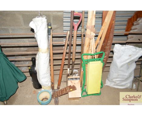 Various garden tools; a kneeler; wooden moulding etc.