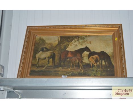 A gilt framed oleograph depicting horses  