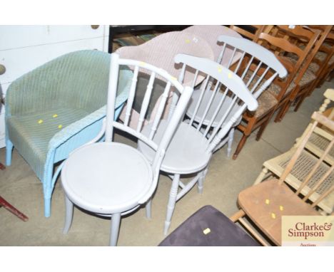 A pair of stick back grey painted chairs together with a bentwood grey painted chair