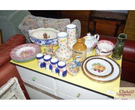 A quantity of miscellaneous china to include a pair of vases AF, Goebel style figures, dessert plates etc