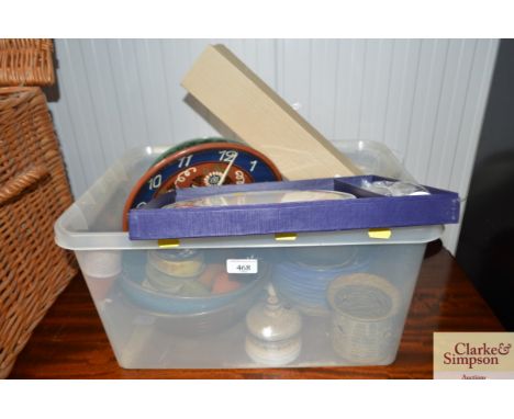 A box containing a Royal Worcester cake plate and knife, various studio pottery items etc 