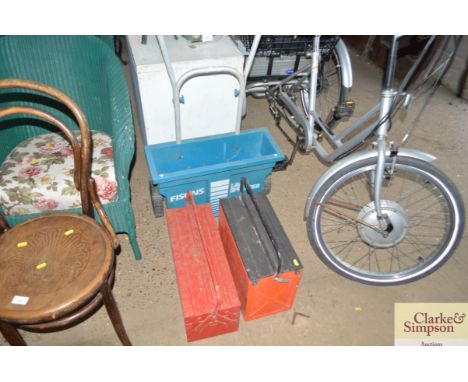 A Fisons lawn spreader and two tool boxes