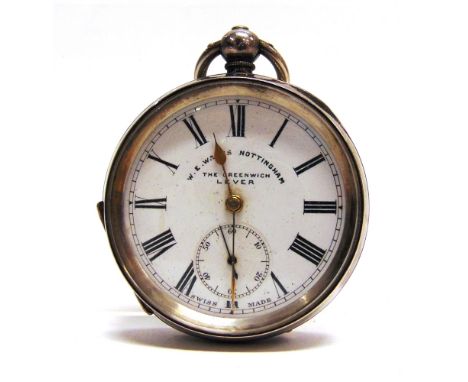 A CONTINENTAL CASED OPEN FACED POCKETWATCH stamped '935', signed W.E. Watts, Nottingham, 'The Greenwich Lever', to the white 