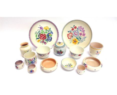 A GROUP OF POOLE POTTERY ITEMS including two plates decorated in CS pattern and LE pattern 23.5cm diameter, together with a c
