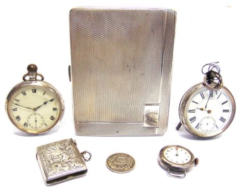 A SILVER CIGARETTE CASE a silver vesta case; a Victorian one shilling; a silver open faced pocket watch; a silver wristwatch,