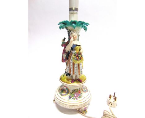 A CONTINENTAL FIGURAL TABLE LAMP BASE  probably Sitzendorf, modelled with a courting couple standing beside a tree trunk, 35c