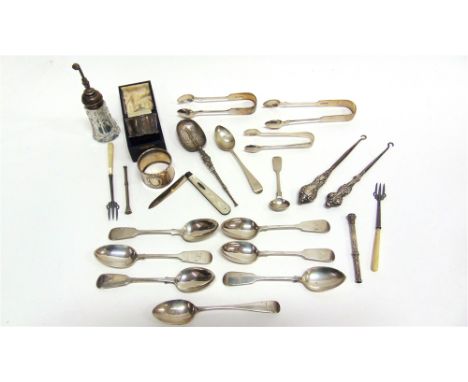 A SILVER NAPKIN RING cased; another silver napkin ring; a silver anointing spoon; three silver sugar tongs; eight antique sil