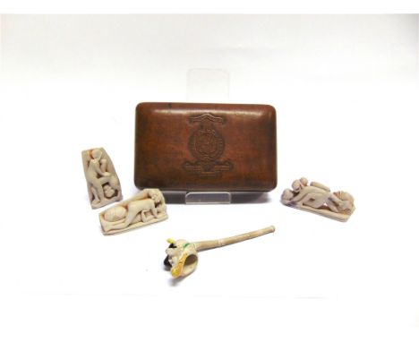 MILITARIA - AN INDIAN HARDWOOD CIGARETTE BOX  the lid carved with the regimental badge of Queen Victoria's Own Madras Sappers