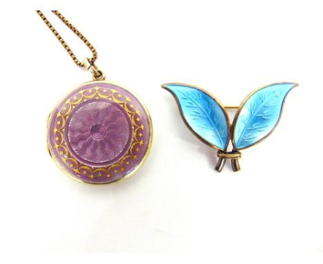A DOUBLE SIDED ENAMEL CIRCULAR LOCKET one side in mauve guilloche enamel, the other cream, on a later box link chain; with Da