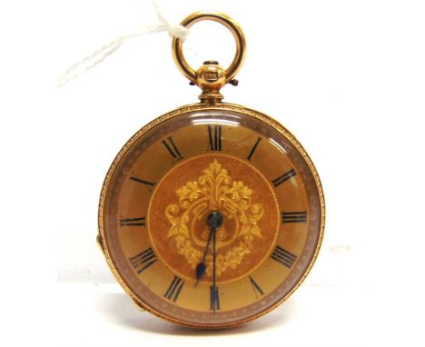 A FOB WATCH stamped '18k' to the case back and cuvette, housing a cylinder escapement bar movement, 3.8cm diameter, 37g gross