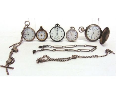 A HUNTER KEYLESS WOUND POCKET WATCH stamped 'Fine Silver', three fob watches; an Allertine; another; and a watch chain