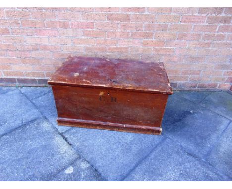 A LATE VICTORIAN/EDWARDIAN PINE TRUNK  with attached Midland Railway luggage label and original key, 90cm wide 52cm deep 44cm