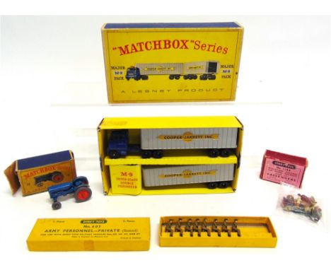 A MATCHBOX MAJOR PACK NO.M-9, INTER-STATE DOUBLE FREIGHTER 'COOPER-JARRETT, INC'  blue tractor unit, silver trailers with yel