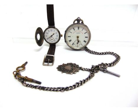 A SILVER HALF HUNTER STYLE WRIST WATCH London import marks 1924, the four piece hinged case housing a 15 jewel Longines movem