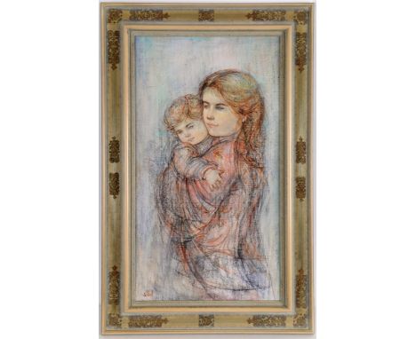 EDNA HIBEL (AMERICAN, 1917-2014)  'Finnish Mother and Child',  oil and charcoal on silk, signed lower left, 80cm x 44cm, toge