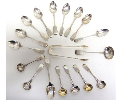 A COLLECTION OF EXETER SILVER FLATWARE comprising a pair of Victorian sugar tongs; ten Victorian teaspoons; five salt spoons;