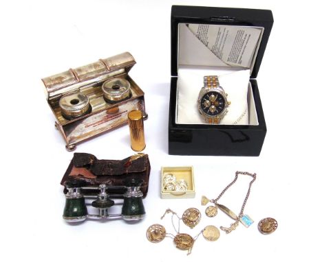 AN ASTON GERARD GENTLEMAN'S CHRONOGRPAH BRACELET WATCH case and paperwork; four Art Nouveau buttons; eight mother of pearl pi