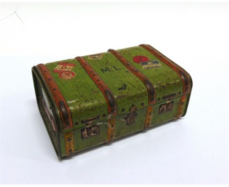 A MACFARLANE LANG NOVELTY BISCUIT TIN IN THE FORM OF A TRAVEL TRUNK  green with simulated wooden strapping, metal mounts, car